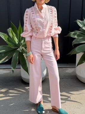 benaar LA Soft Pink Wide Leg Jeans High Rise Straight Leg Comfort Boho Raw Hem
